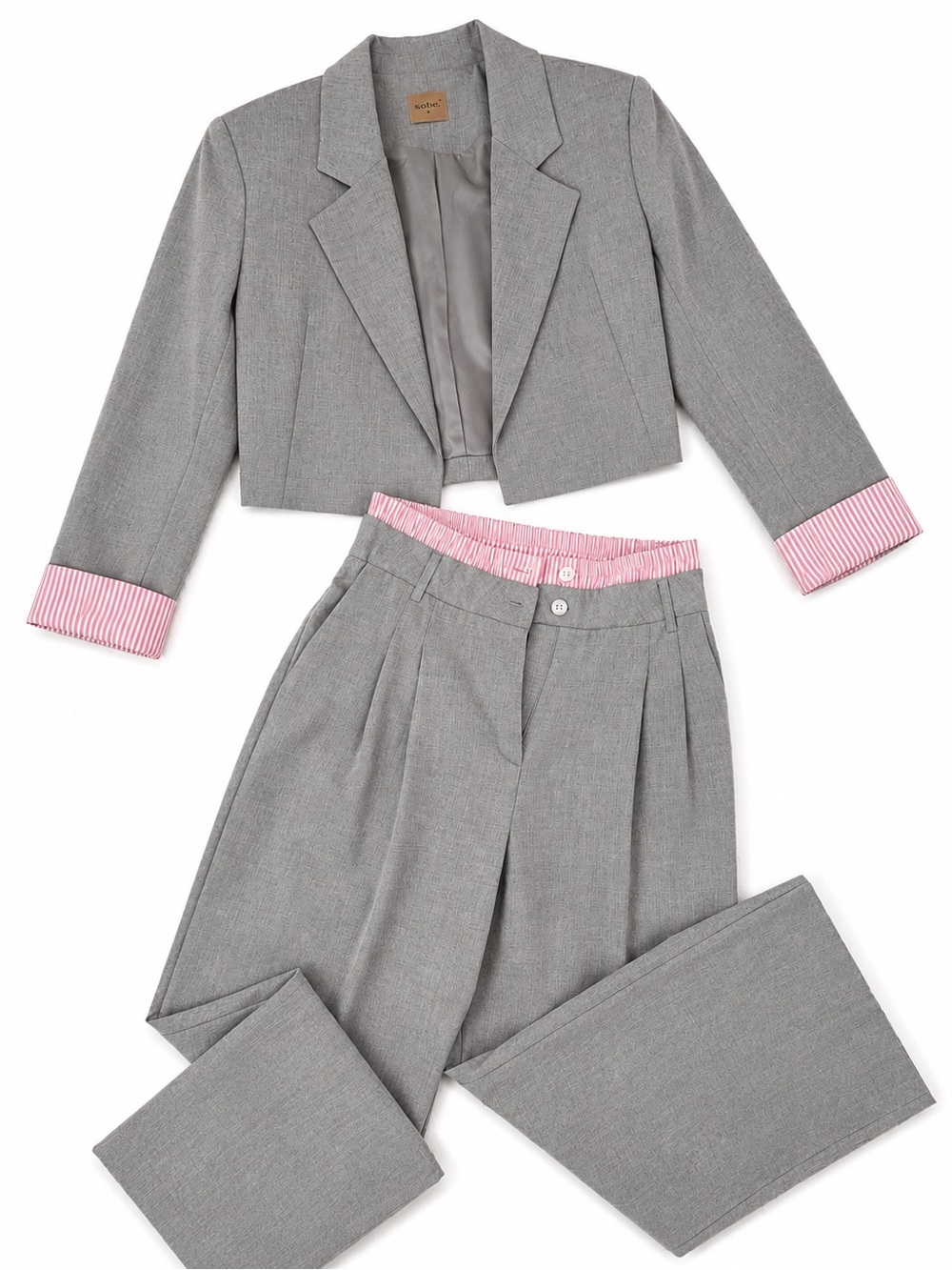 Cropped Gray Pantsuit with Pink Trim - Women’s Tailored Set